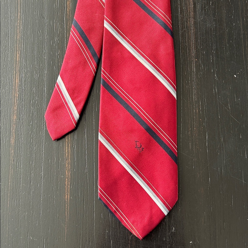 Christian Dior Silk Necktie – Burgundy, Grey & Black Stripes